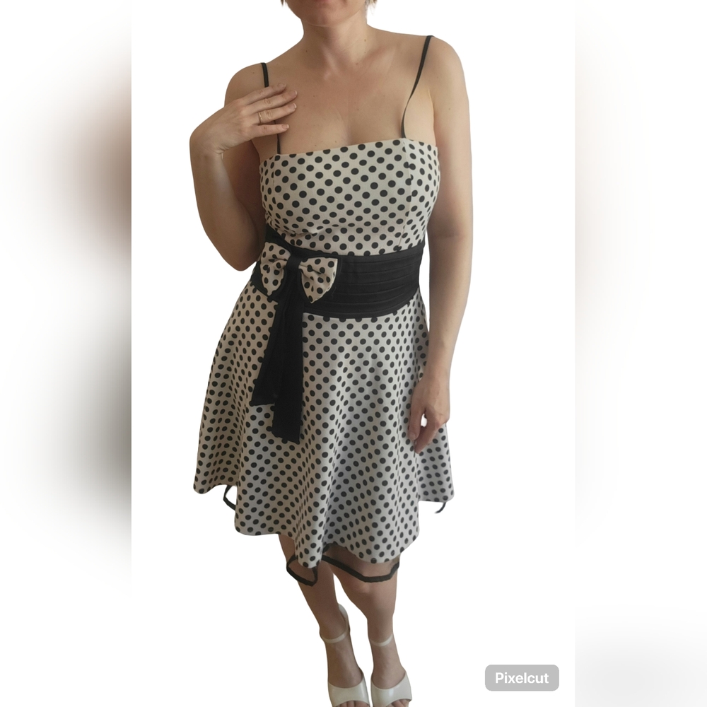 Pin-up Black Polka Dot White Dress with Black Bow Vintage 50s Look - Size S